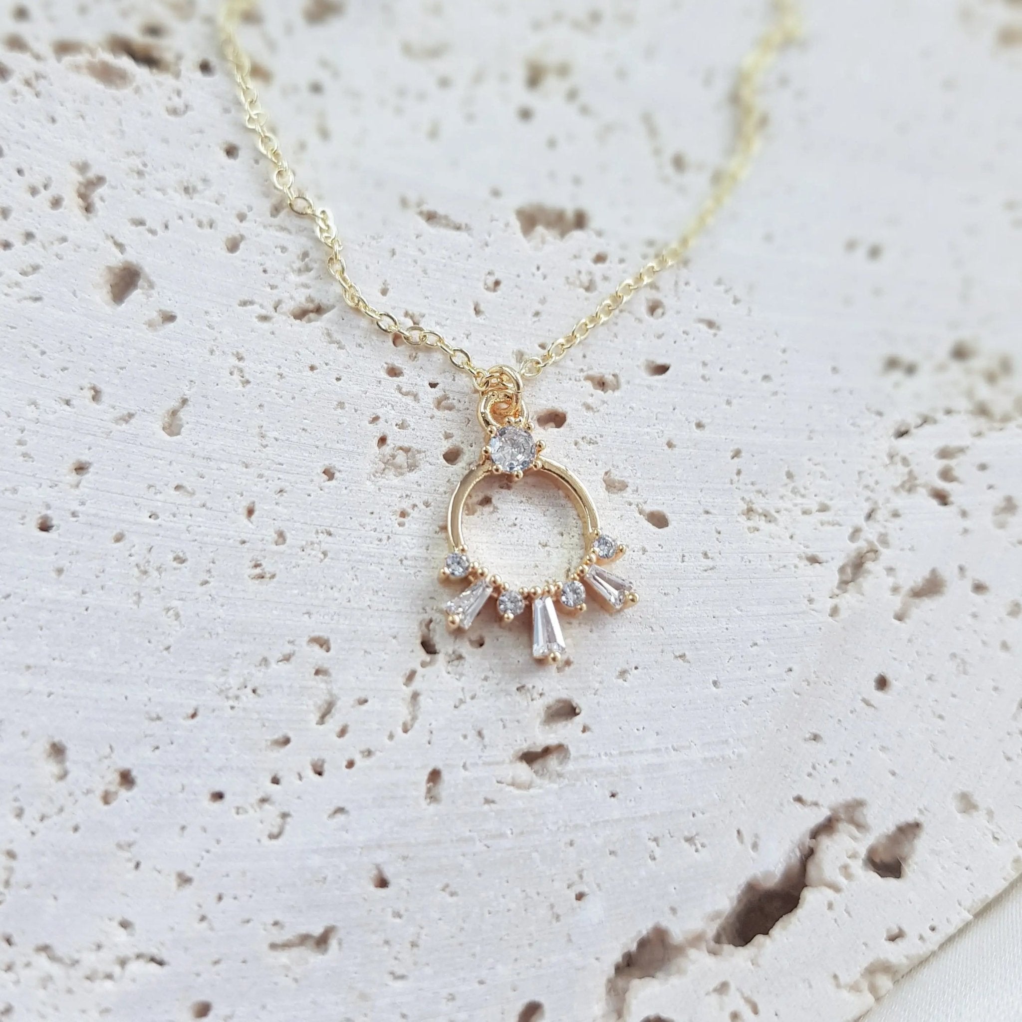 Gold zirconia crystal bridal necklace, Boho wedding necklace, Dainty minimalist necklace, Crystal wedding jewellery, Jewellery for brides - House of Hats