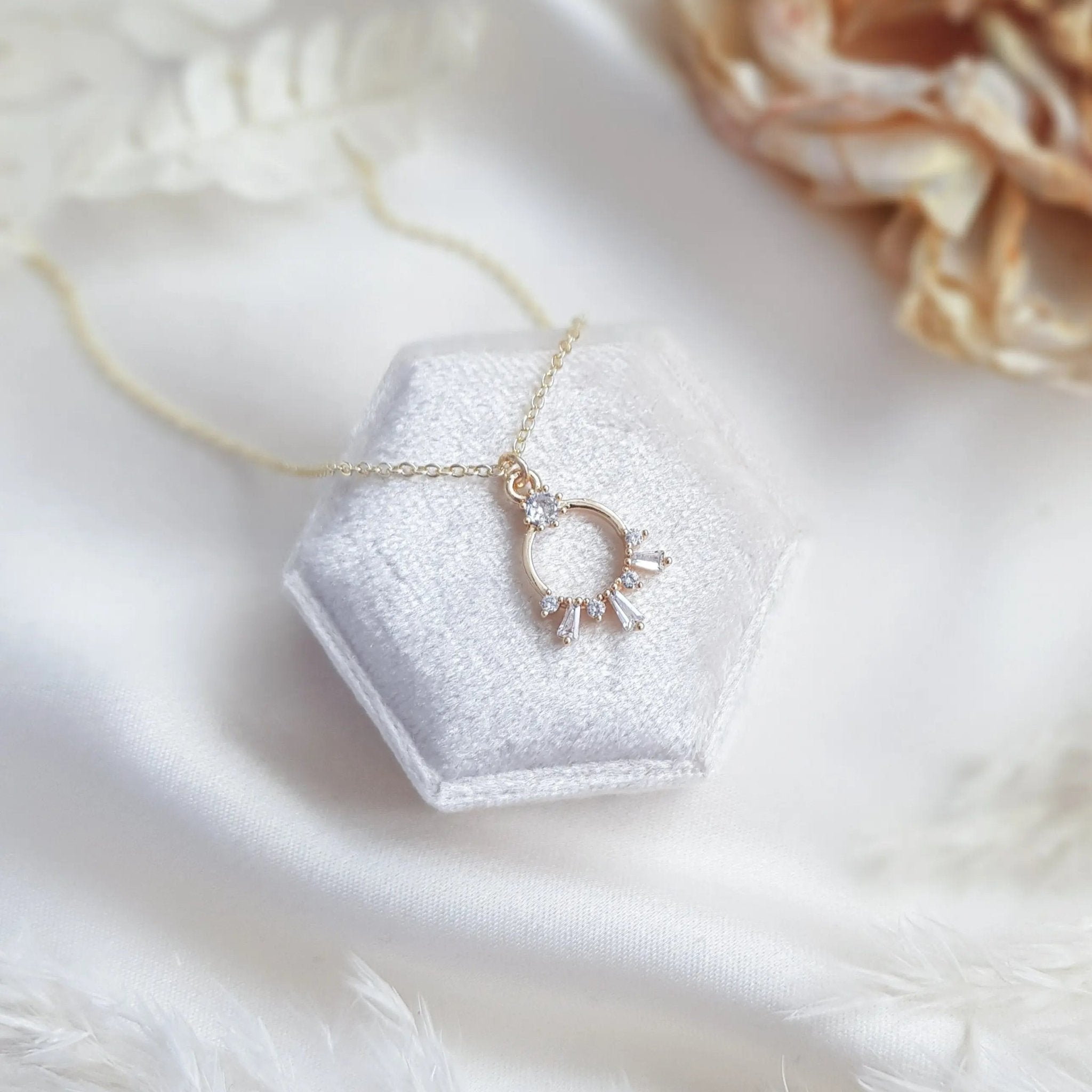 Gold zirconia crystal bridal necklace, Boho wedding necklace, Dainty minimalist necklace, Crystal wedding jewellery, Jewellery for brides - House of Hats