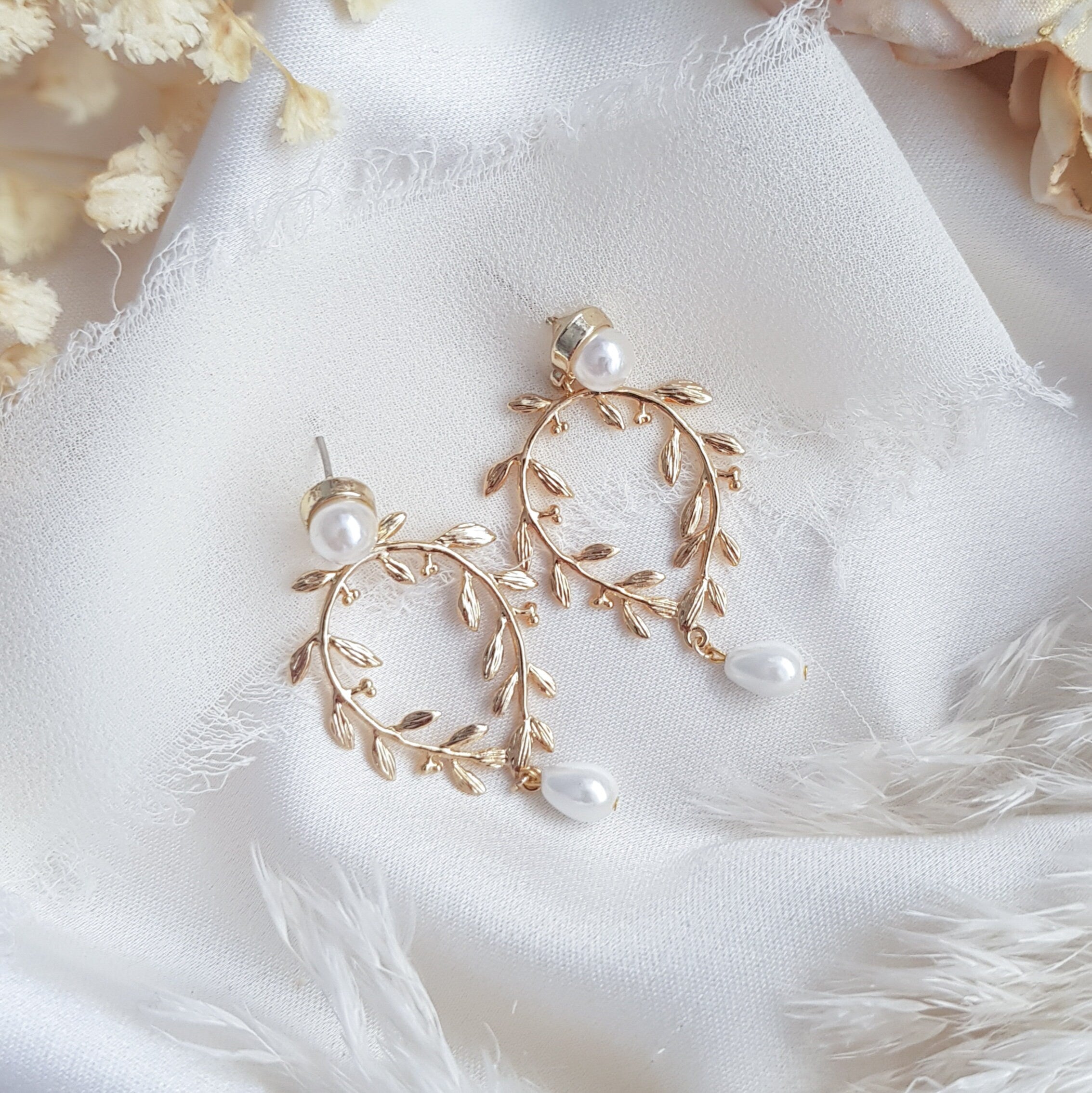 Gold pearl boho bridal earrings, Wedding earrings for brides, Statement wedding earrings,  Pearl wedding jewellery, Drop earrings