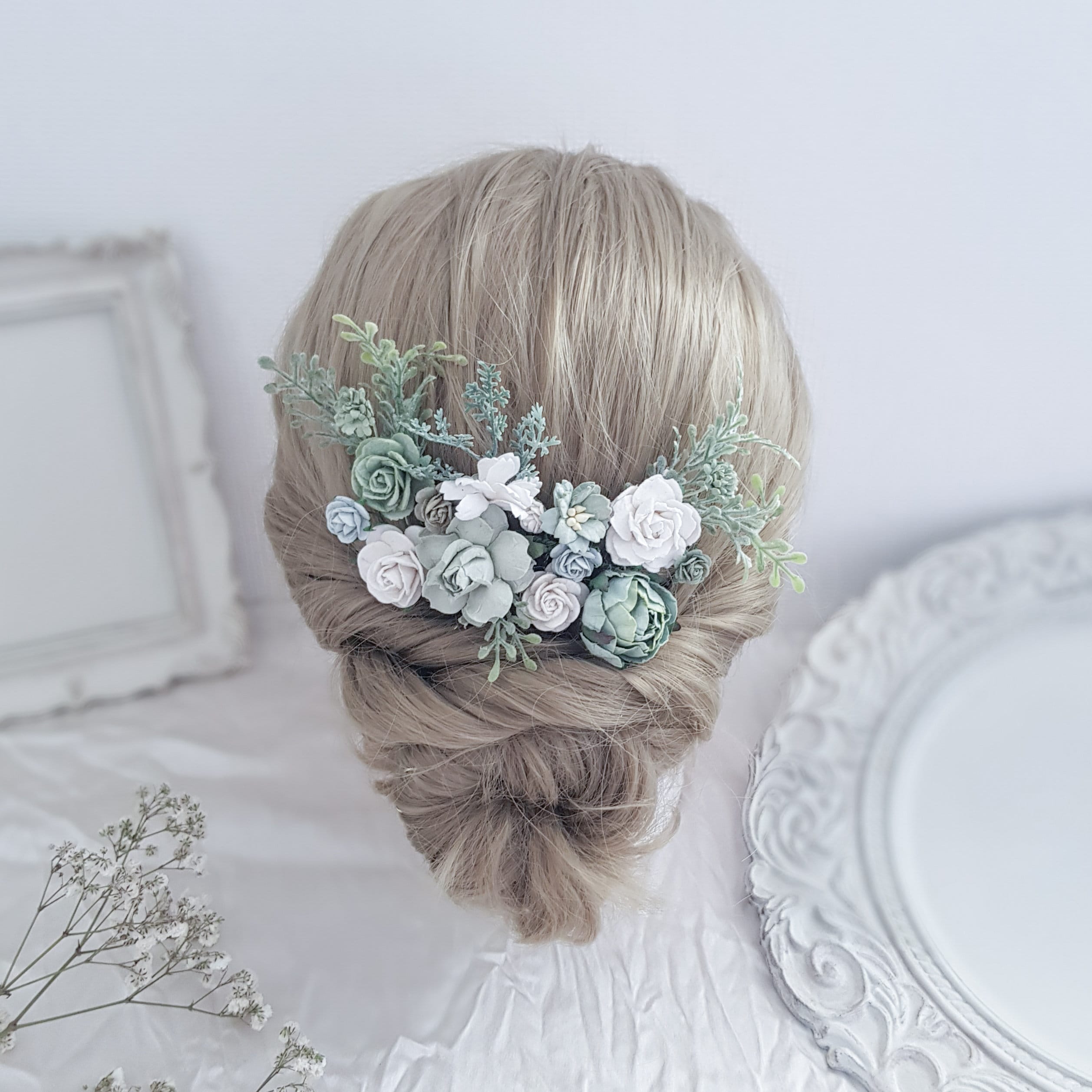 Wedding Hair Accessories Flower Hair Comb Bridal Hair Pins Sage Green Hair Piece Bridesmaid Hair Clip Floral Boutonniere