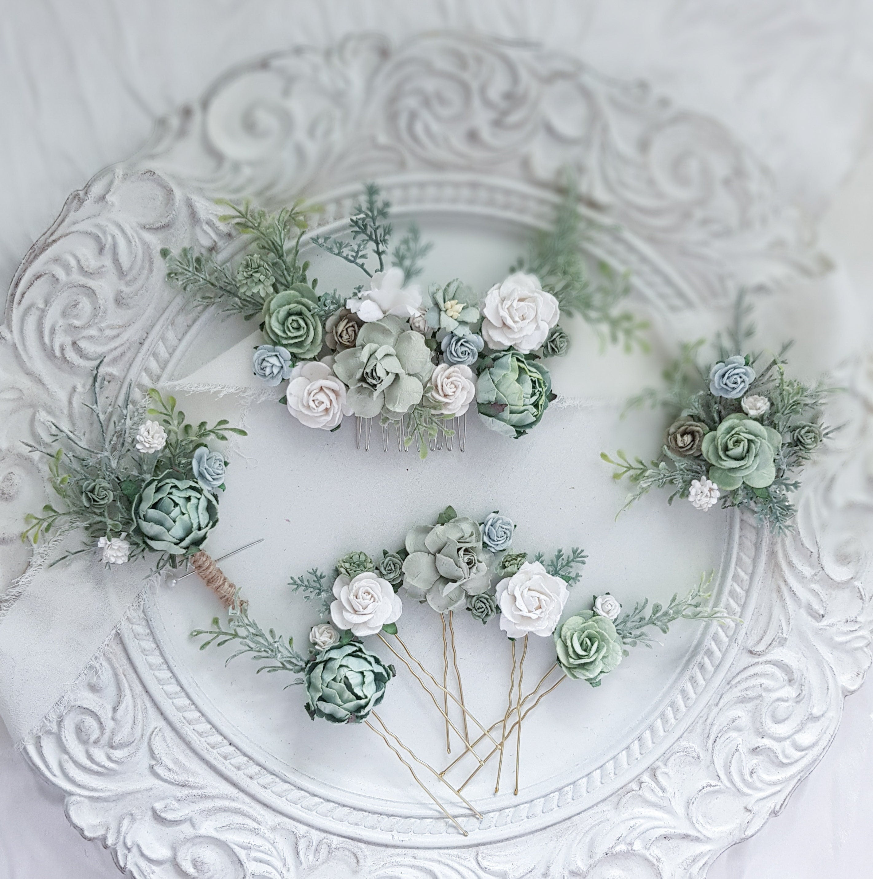 Wedding Hair Accessories Flower Hair Comb Bridal Hair Pins Sage Green Hair Piece Bridesmaid Hair Clip Floral Boutonniere