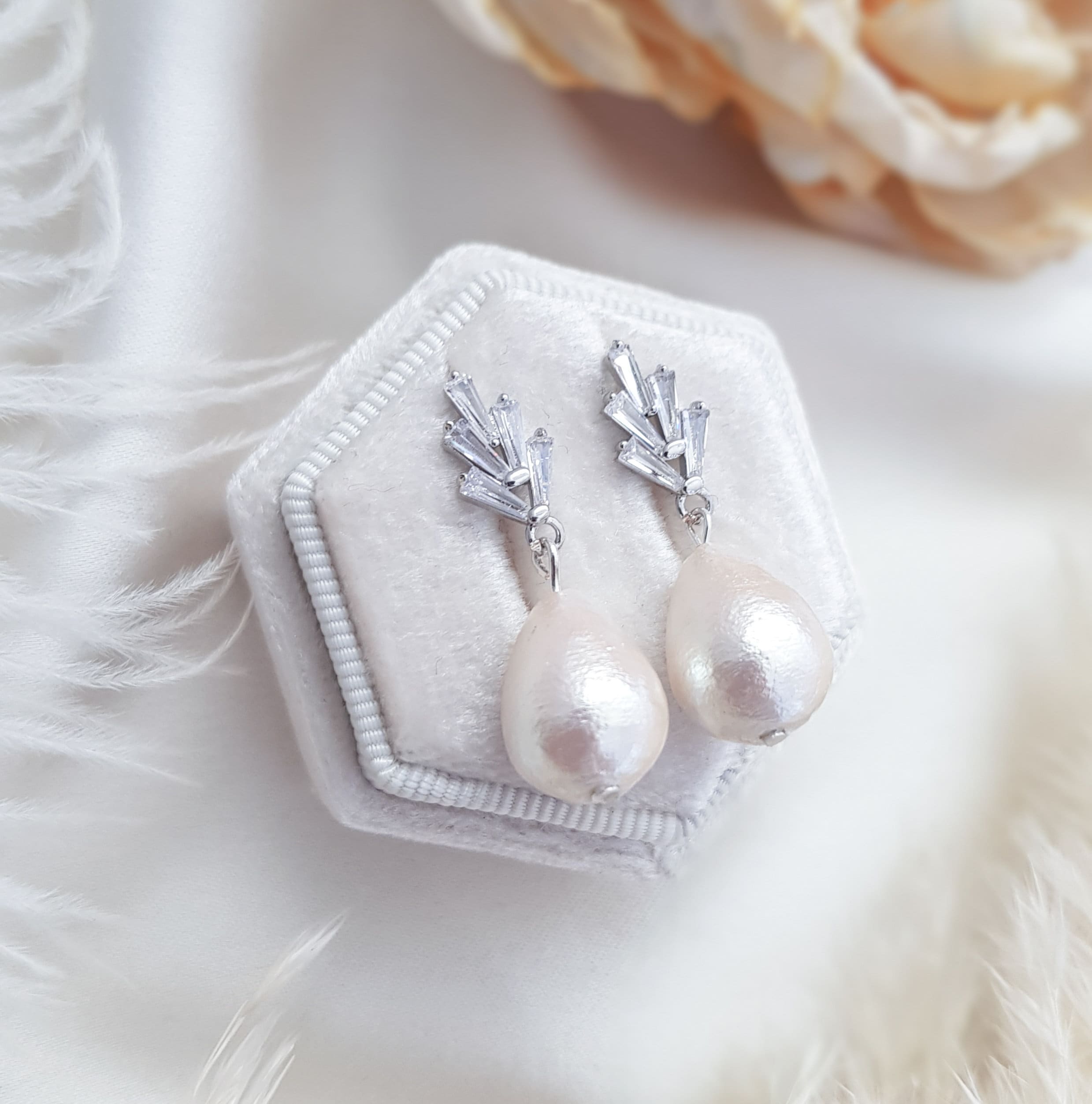 Pearl Earrings, Vintage Style Earrings, Silver Cotton Pearl Earrings, Wedding Drop Earrings, Bridesmaid Gift