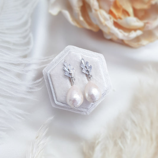 Pearl Earrings, Vintage Style Earrings, Silver Cotton Pearl Earrings, Wedding Drop Earrings, Bridesmaid Gift