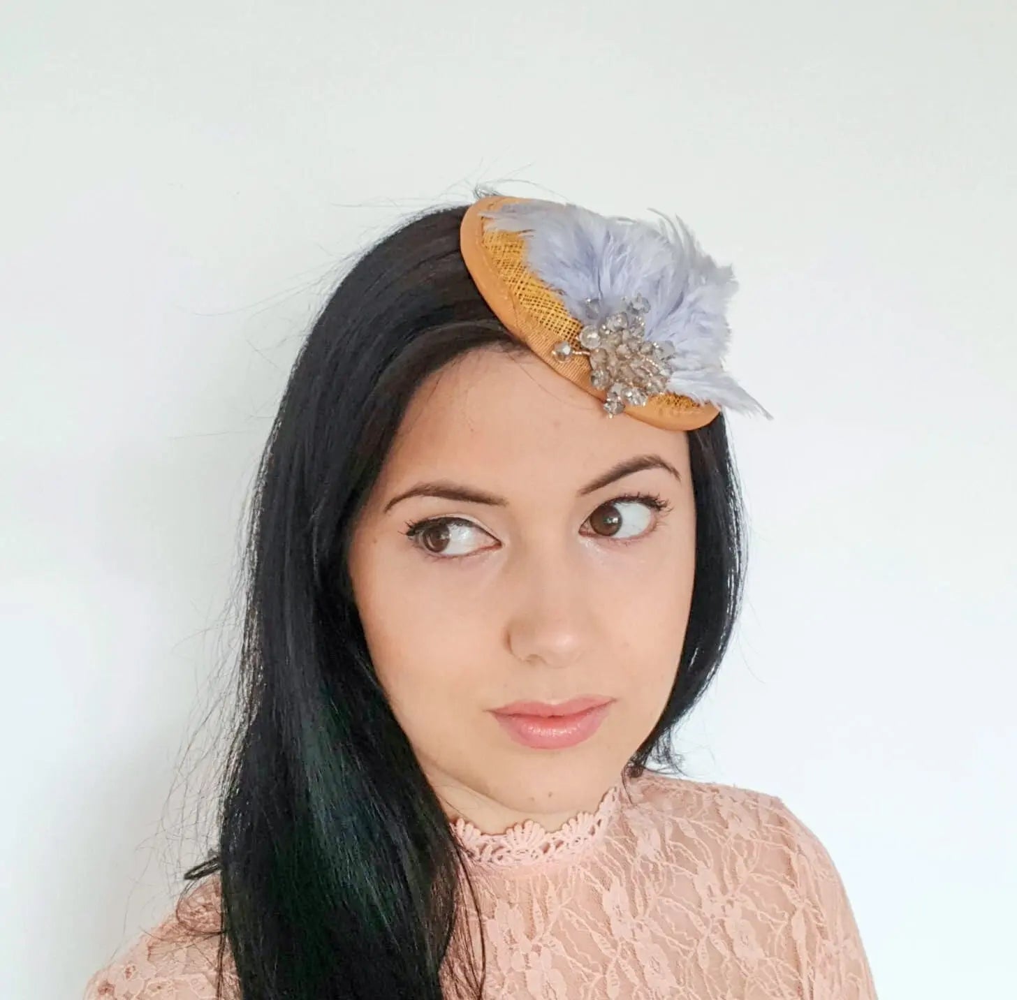 Mustard grey crystal feather small fascinator hat - House of Hats