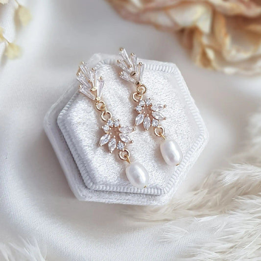 Pearl Drop Earrings, Bridal Earrings, Art Deco Earrings, Gold Pearl Earrings, Wedding Earrings, Bridesmaid Gift, Freshwater Pearl Earrings - House of Hats