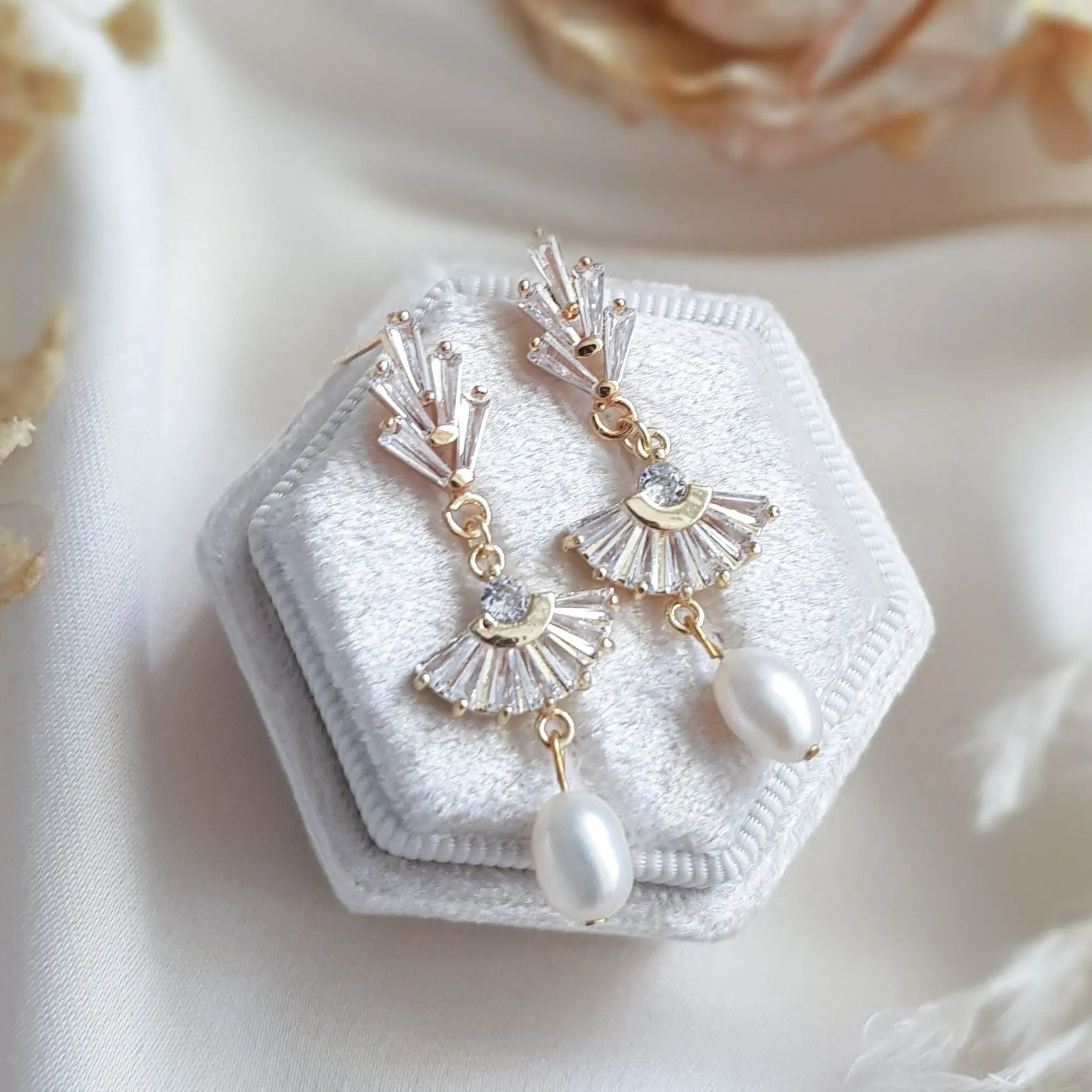 Pearl Drop Earrings, Bridal Earrings, Art Deco Earrings, Gold Pearl Earrings, Wedding Earrings, Bridesmaid Gift, Freshwater Pearl Earrings - House of Hats