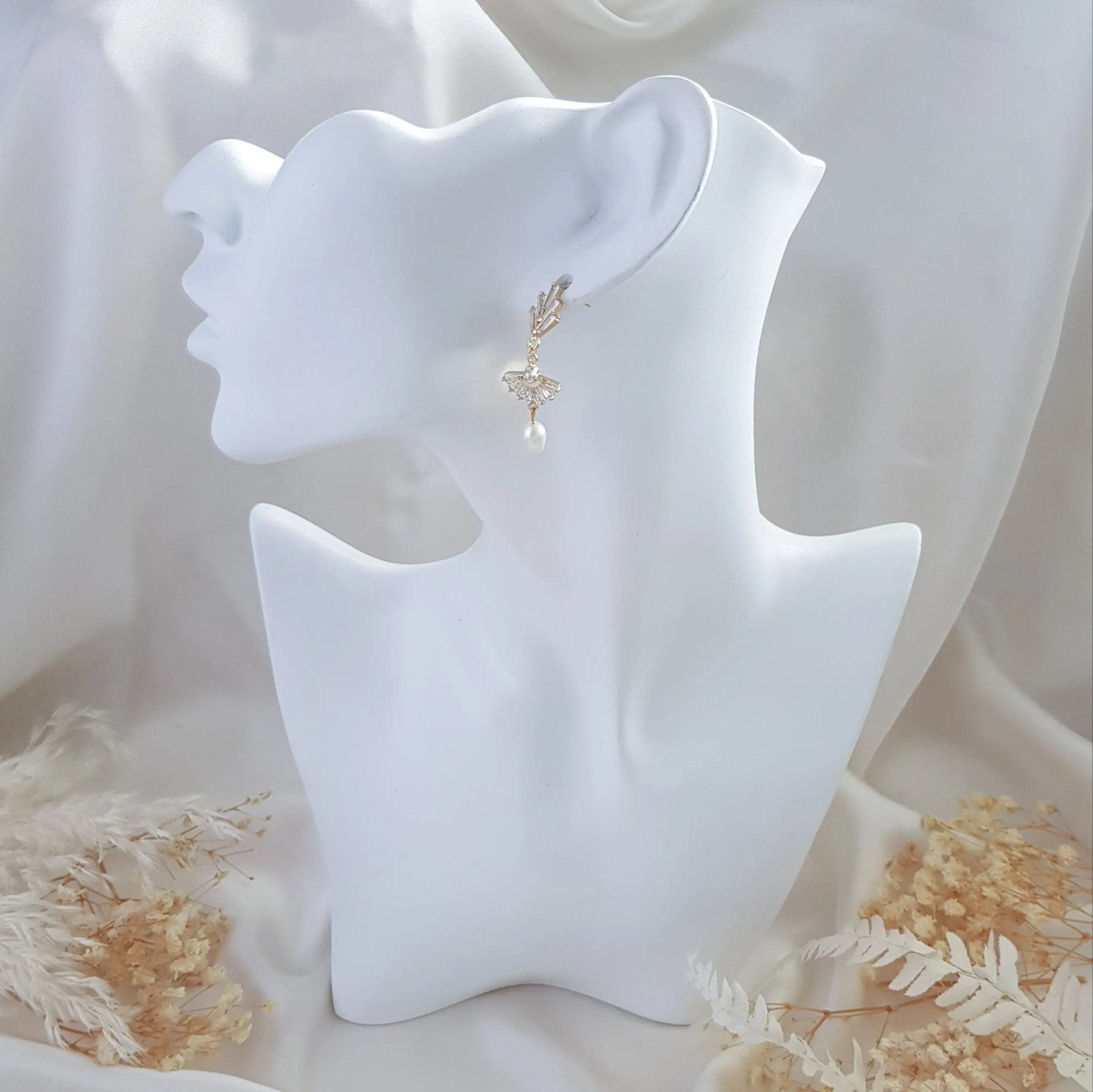 Pearl Drop Earrings, Bridal Earrings, Art Deco Earrings, Gold Pearl Earrings, Wedding Earrings, Bridesmaid Gift, Freshwater Pearl Earrings - House of Hats