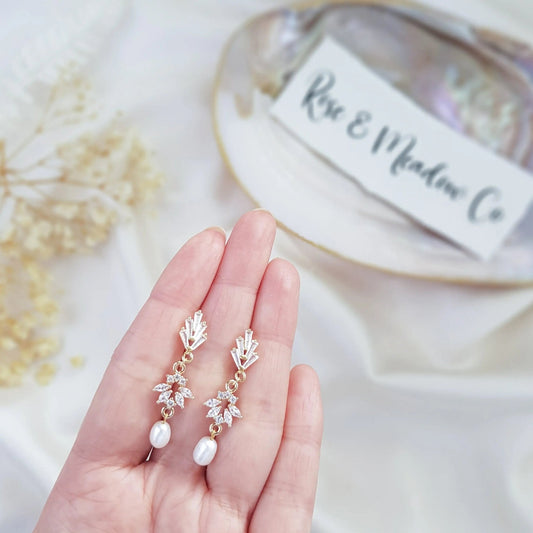 Pearl Drop Earrings, Bridal Earrings, Art Deco Earrings, Gold Pearl Earrings, Wedding Earrings, Bridesmaid Gift, Freshwater Pearl Earrings - House of Hats
