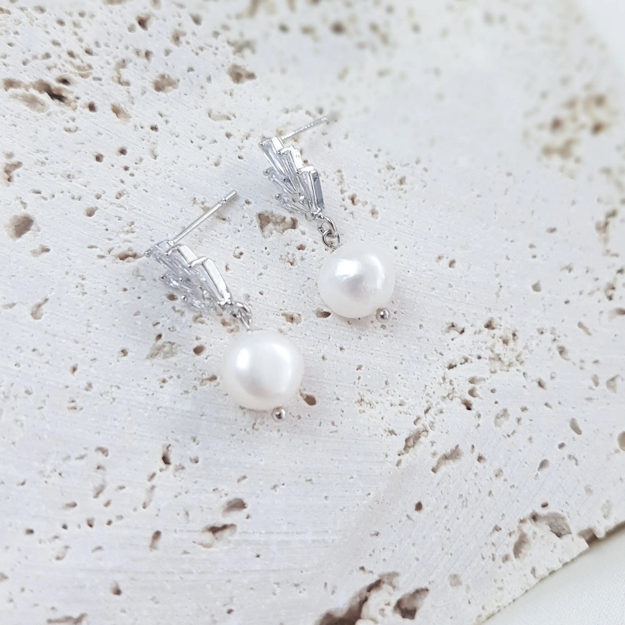 Pearl Drop Earrings, Bridal Earrings, Art Deco Earrings, Silver Freshwater Pearl Earrings, Wedding Earrings, Bridesmaid Gift, Bridal Jewelry - House of Hats