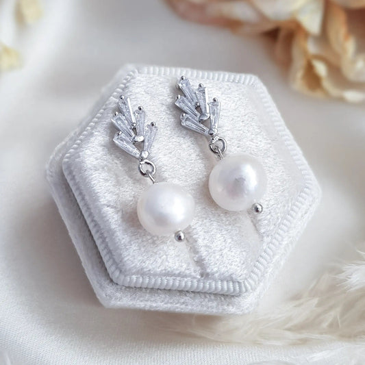 Pearl Drop Earrings, Bridal Earrings, Art Deco Earrings, Silver Freshwater Pearl Earrings, Wedding Earrings, Bridesmaid Gift, Bridal Jewelry - House of Hats