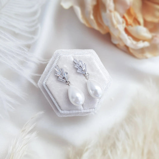 Pearl Drop Earrings, Bridal Earrings, Art Deco Earrings, Silver Teardrop Pearl Earrings, Wedding Earrings, Bridesmaid Gift, Bridal Jewellery - House of Hats
