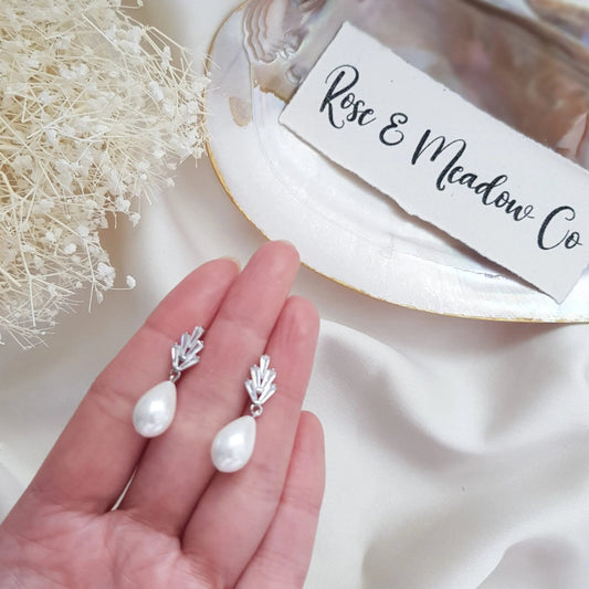 Pearl Drop Earrings, Bridal Earrings, Art Deco Earrings, Silver Teardrop Pearl Earrings, Wedding Earrings, Bridesmaid Gift, Bridal Jewellery - House of Hats