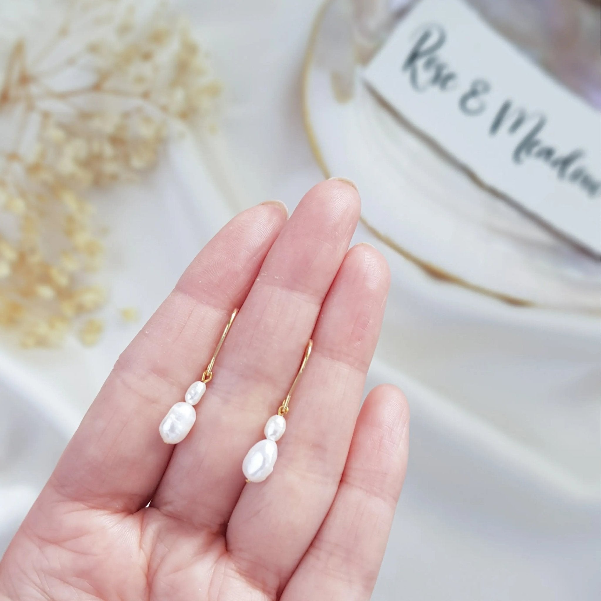 Pearl Drop Earrings, Bridal Earrings, Freshwater Pearl Earrings, Gold Pearl Earrings, Wedding Earrings, Bridal Jewelry, Bridesmaid Gift - House of Hats