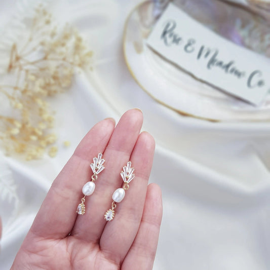 Pearl Drop Earrings, Bridal Earrings, Vintage Style Earrings, Gold Pearl Earrings, Wedding Earrings, Bridesmaid Gift, Crystal Earrings - House of Hats
