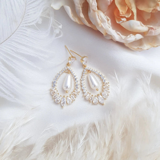 Pearl Earrings, Vintage Style Earrings, Gold Pearl Earrings, Crystal Earrings, Wedding Drop Earrings, Bridesmaid Gift - House of Hats