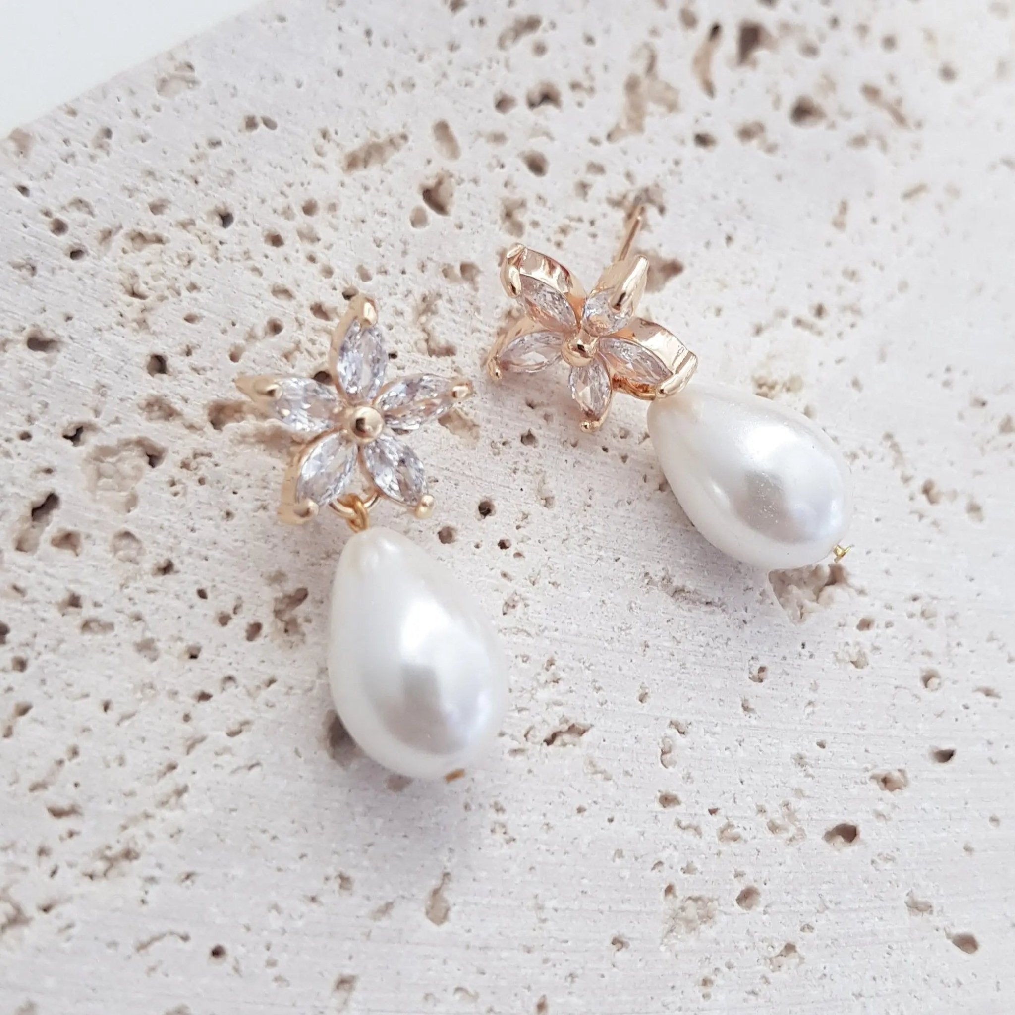 Pearl Earrings, Vintage Style Earrings, Gold Teardrop Pearl Earrings, Wedding Flower Drop Earrings, Bridesmaid Gift - House of Hats