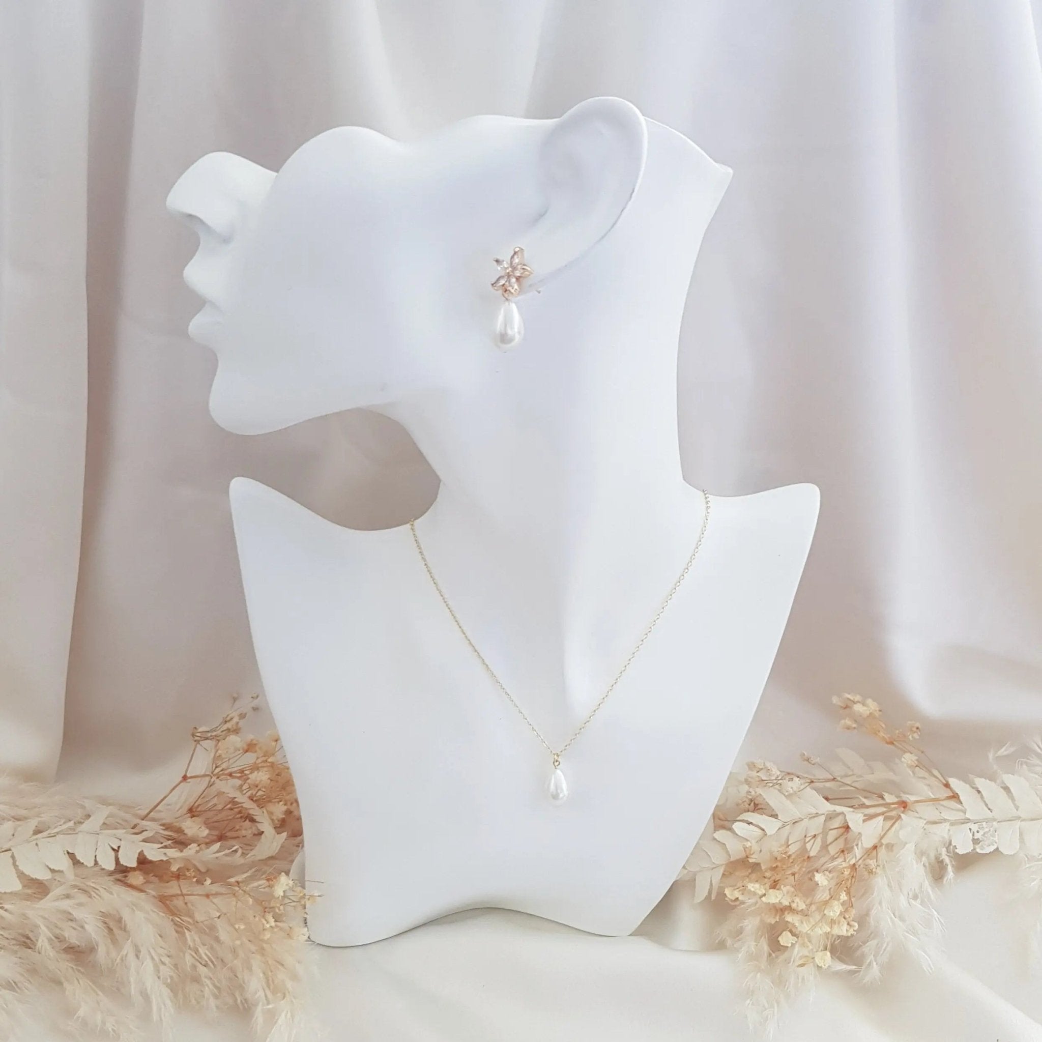 Pearl Earrings, Vintage Style Earrings, Gold Teardrop Pearl Earrings, Wedding Flower Drop Earrings, Bridesmaid Gift - House of Hats