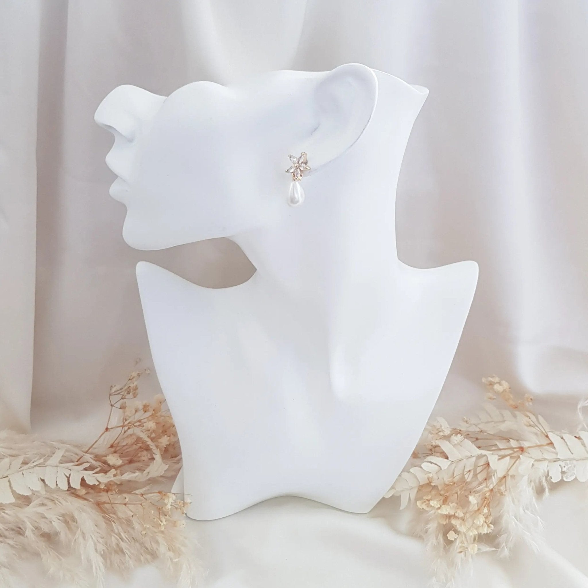 Pearl Earrings, Vintage Style Earrings, Gold Teardrop Pearl Earrings, Wedding Flower Drop Earrings, Bridesmaid Gift - House of Hats