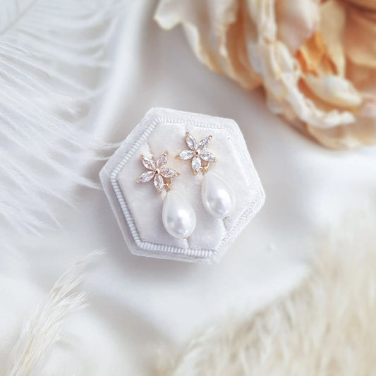 Pearl Earrings, Vintage Style Earrings, Gold Teardrop Pearl Earrings, Wedding Flower Drop Earrings, Bridesmaid Gift - House of Hats