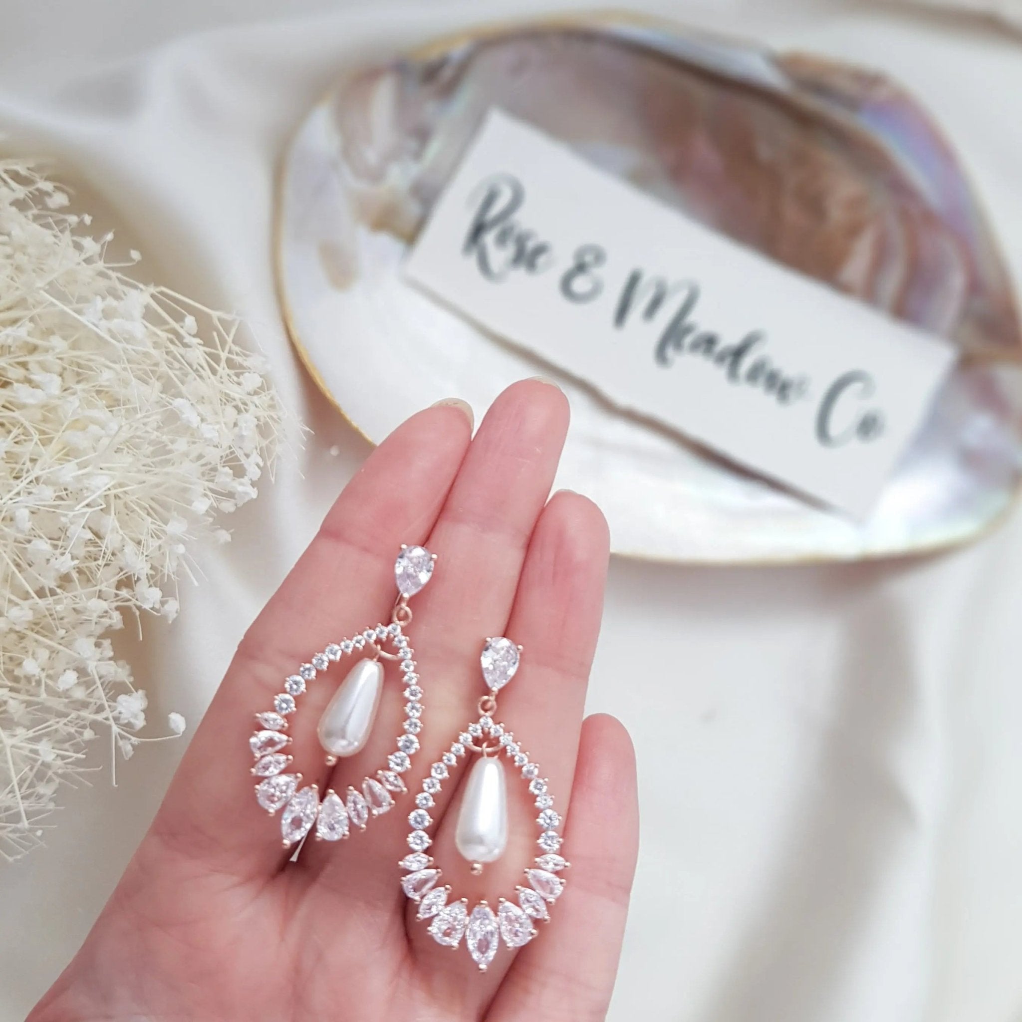 Pearl Earrings, Vintage Style Earrings, Rose Gold Pearl Earrings, Crystal Earrings, Wedding Drop Earrings, Bridesmaid Gift - House of Hats