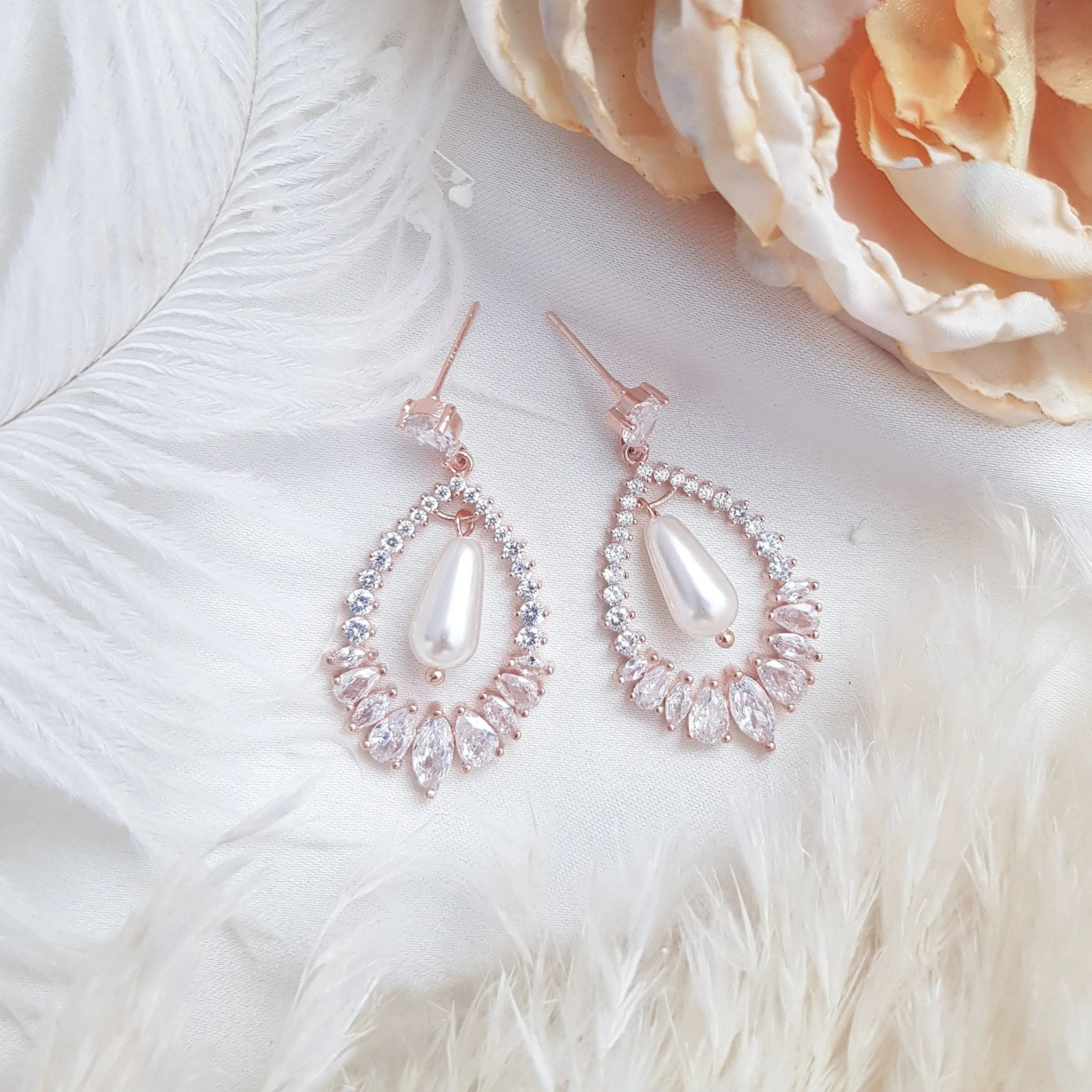 Pearl Earrings, Vintage Style Earrings, Rose Gold Pearl Earrings, Crystal Earrings, Wedding Drop Earrings, Bridesmaid Gift - House of Hats