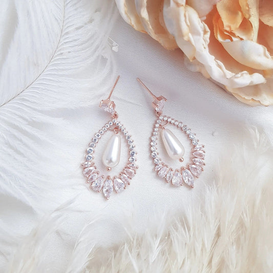 Pearl Earrings, Vintage Style Earrings, Rose Gold Pearl Earrings, Crystal Earrings, Wedding Drop Earrings, Bridesmaid Gift - House of Hats