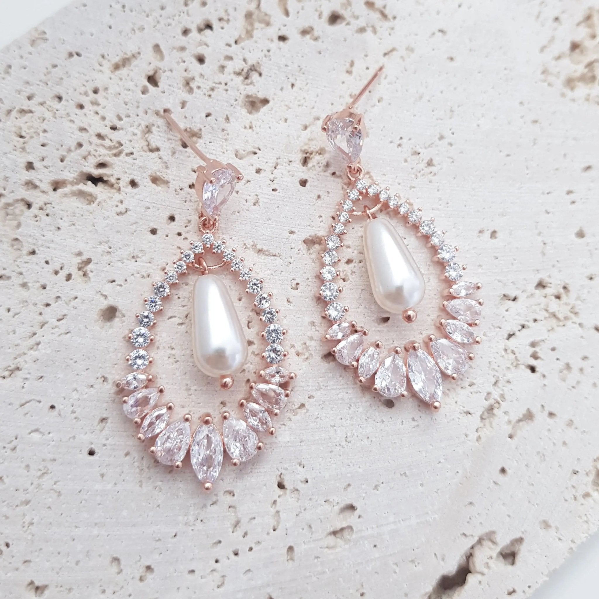 Pearl Earrings, Vintage Style Earrings, Rose Gold Pearl Earrings, Crystal Earrings, Wedding Drop Earrings, Bridesmaid Gift - House of Hats