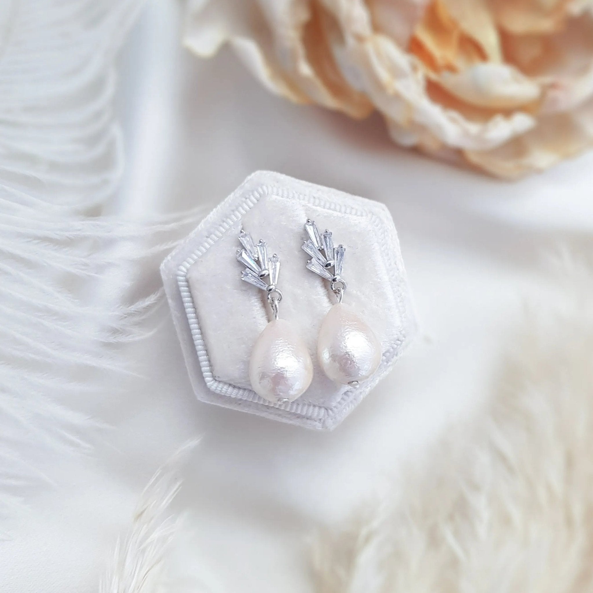 Pearl Earrings, Vintage Style Earrings, Silver Cotton Pearl Earrings, Wedding Drop Earrings, Bridesmaid Gift - House of Hats