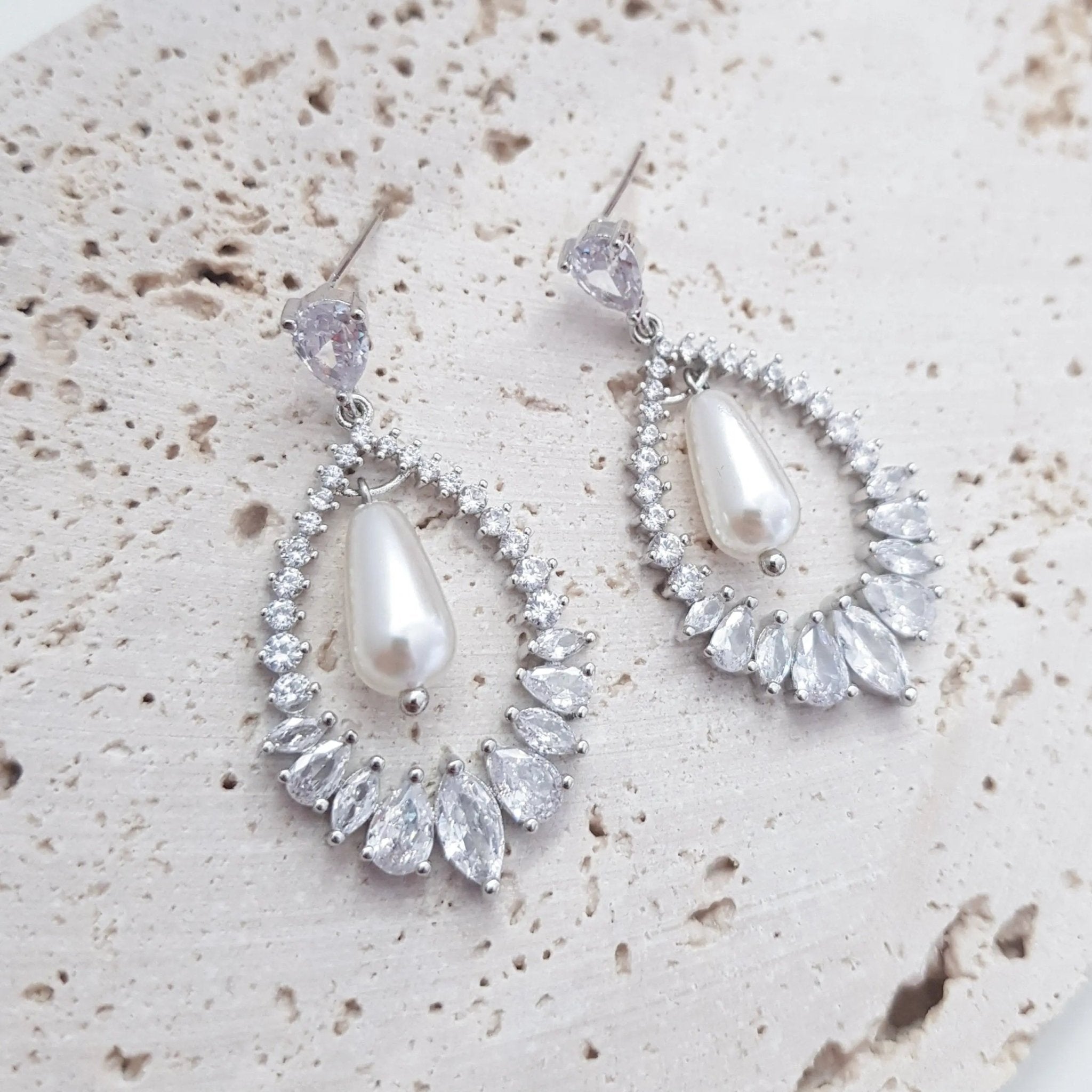 Pearl Earrings, Vintage Style Earrings, Silver Pearl Earrings, Crystal Earrings, Wedding Drop Earrings, Bridesmaid Gift - House of Hats