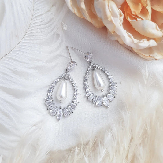 Pearl Earrings, Vintage Style Earrings, Silver Pearl Earrings, Crystal Earrings, Wedding Drop Earrings, Bridesmaid Gift - House of Hats