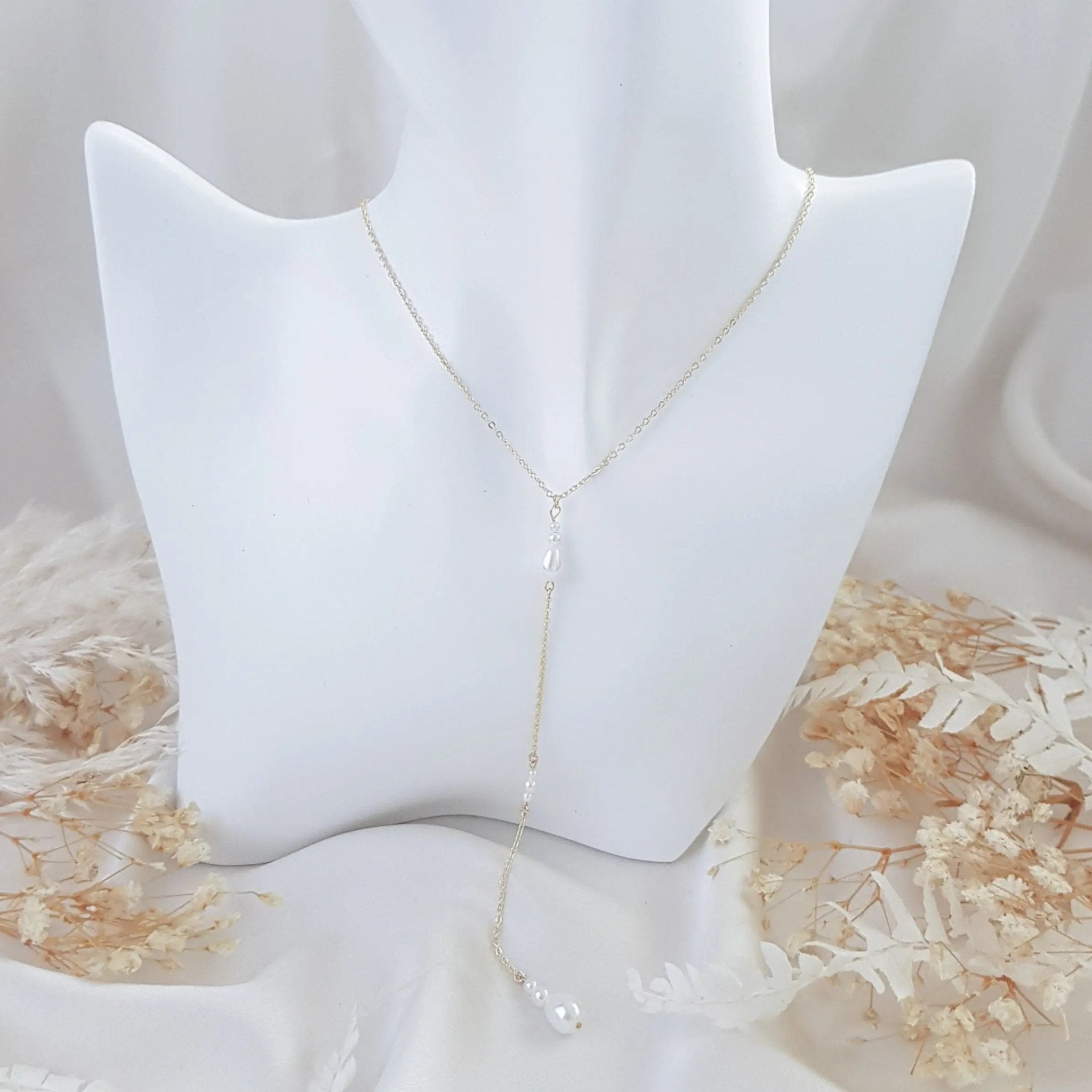 Vintage style pearl drop necklace, Gold pearl Elegant wedding necklace, Dainty lariat bridal necklace, Y necklace, Jewellery for brides - House of Hats