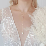 Vintage style pearl drop necklace, Gold pearl Elegant wedding necklace, Dainty lariat bridal necklace, Y necklace, Jewellery for brides - House of Hats